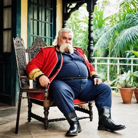 full body, huge bushy white mustache, bara, late 19th century British Empire army officer in uniform sitting on verandah, burly, obese, muscular, barrel chested, white hair, hookah, BREAK red jacket, BREAK white pith helmet BREAK dark blue long trousers BREAK, white gloves BREAK black boots,  Raj, tropical jungle, antique chairs, colonial style, detailed background, film lighting, film grain, shadows, OverallDetail, <lora:Walrus_Mustaches:1.2>