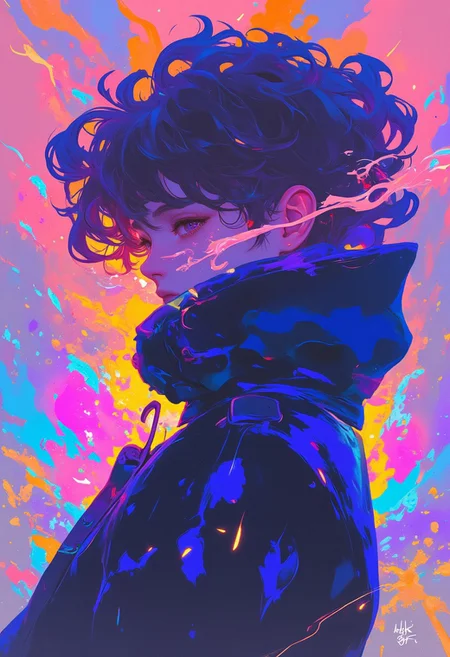 A high-resolution digital illustration of a young man with voluminous, curly hair styled in a deliberately messy fashion. He dons a sleek black jacket that partially obscures his face, adding an air of mystery. The background is a kaleidoscope of vibrant colors—saturated pink, fiery orange, deep blue, and bright yellow—forming an abstract, dynamic splash pattern that enhances the surreal, dreamlike atmosphere. The composition employs dramatic lighting to accentuate the textures of the hair and jacket, while a unique, slightly tilted perspective adds depth and intrigue to the scene. The overall aesthetic blends elements of modern street art with a touch of psychedelic influence, creating a visually captivating and emotionally evocative image.
