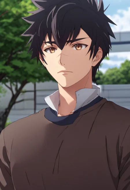 high resolution, solo, best quality, 1Boy, Kanata Hoshijima, Black hair, Brown Eyes, portraits, proud, outdoor, Half Body, Depth Of Field,