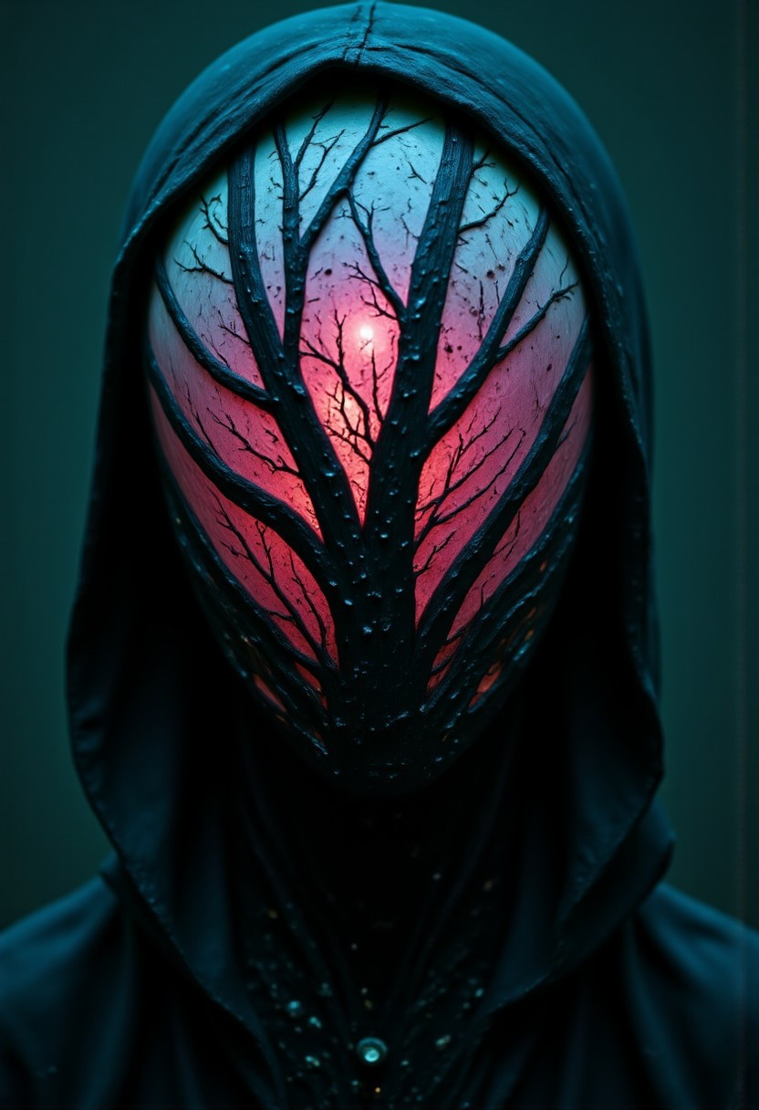 Rootform, hyperdetailed realism, evil villain Action Scene, Shaded intricate head Closeup of A desolate White Pristine wired birch tree Robot, apoclypse l, dystopian neon pink/Red/Green/Yellow bleaked Misty atmospheric lighting
