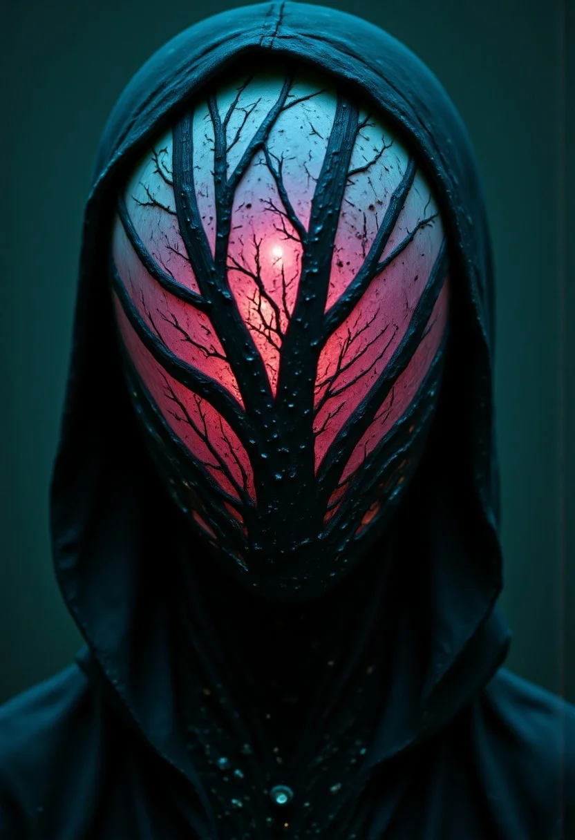Rootform, hyperdetailed realism, evil villain Action Scene, Shaded intricate head Closeup of A desolate White Pristine wired birch tree Robot, apoclypse l, dystopian neon pink/Red/Green/Yellow bleaked Misty atmospheric lighting