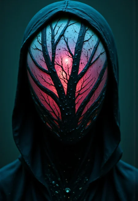 Rootform, hyperdetailed realism, evil villain Action Scene, Shaded intricate head Closeup of A desolate White Pristine wired birch tree Robot, apoclypse l, dystopian neon pink/Red/Green/Yellow bleaked Misty atmospheric lighting