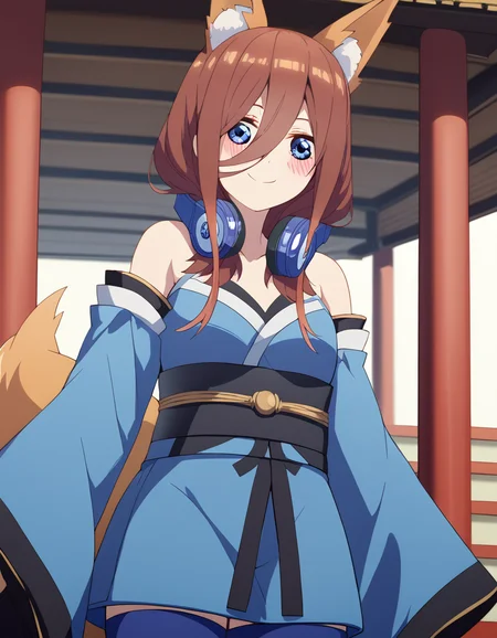 score_9, score_8_up, score_7_up, source_anime, mikunakano, <lora:miku-nakano-s2-ponyxl-lora-nochekaiser:1>, miku nakano, long hair, bangs, blue eyes, brown hair, hair between eyes, headphones, headphones around neck,, <lora:tamamo-no-mae-cosplay-ponyxl-lora-nochekaiser:1>, tamamonomaecosplay, tamamo no mae \(cosplay\), animal ears, bare shoulders, blue kimono, blue thighhighs, detached sleeves, fox ears, fox tail, japanese clothes, kimono, obi, sash, collarbone, thighhighs, wide sleeves,, shrine, smile, blush,, cowboy shot, dutch angle, solo,