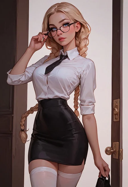 safe_pos, score_9, score_8_up, score_7_up, score_6_up, ((1girl)), cute innocent girl, ((seductive:1.2)), cute face, light blue eyes, (full pouty lips), (bold black eyeliner), (twin braids), ((blonde hair)), ((looking_at_viewer), ((head tilted)), perfect face, perfect eyes,
hourglass body, (slim fit), (freckles), slender body, skinny girl with (very large breasts), natural breasts, narrow waist, shallow depth of field, realistic hands, straight fingers, BREAK.,
dark background, ((library)), white shirt, black tie, black pencil skirt, (thigh high white stockings), stern glasses, BREAK.,

walking through door frame, holding a book under arm, stern facial expression, dominant posture, adjusting glasses,
