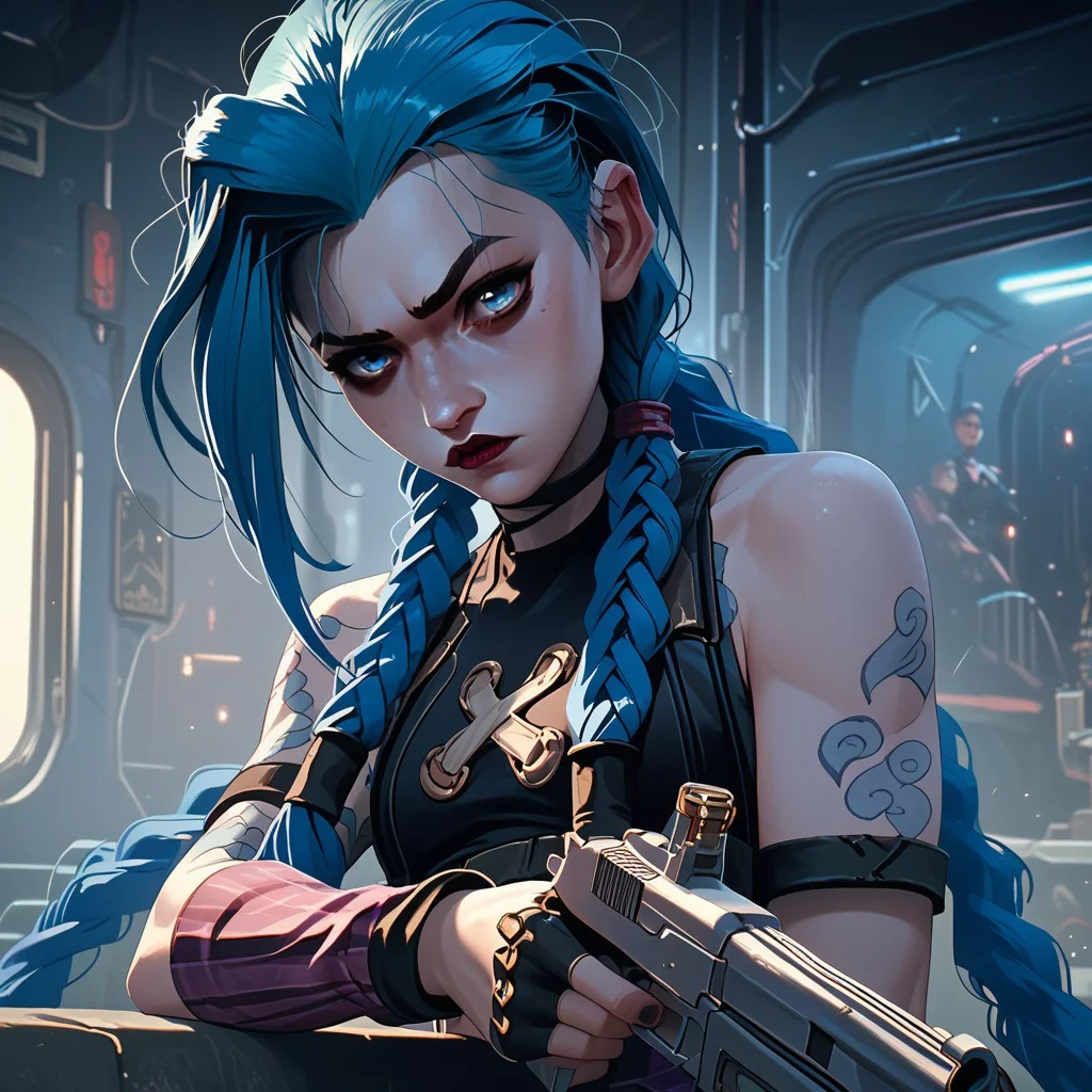 score_9, score_8_up, score_7_up, score_6_up, score_5_up, score_4_up, 1girl, JinxPowder, very long double braids, holding a futuristic gun