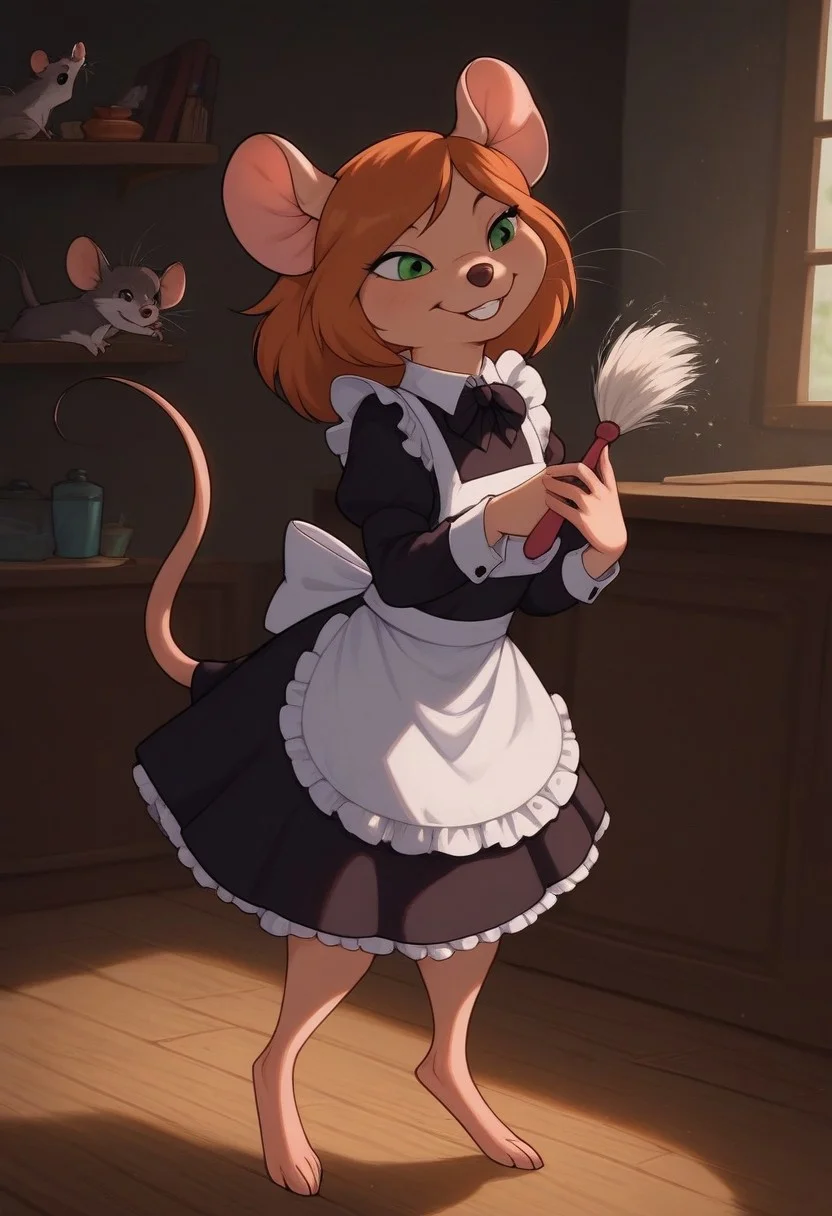 score_9, score_8_up, score_7_up, score_6_up, score_5_up, score_4_up, detaied background, indoors, (rich appartments:1,4),
Mouse girl, feral Mouse, feral, mouse ears, Mouse nose, Mouse tail, one tail, feral Mouse feet, feral Mouse legs, Desiree, wearing black Maid outfit, solo, standing, smile, Black nose, cleaning the room