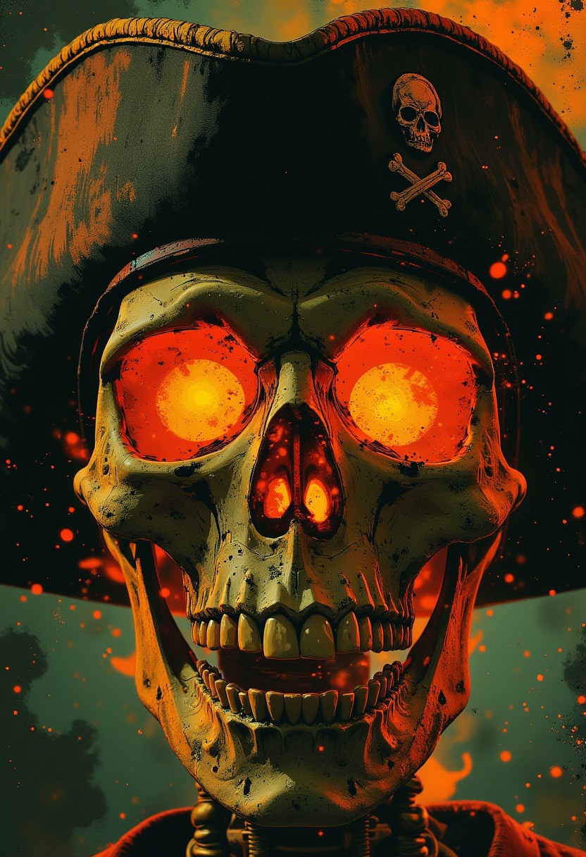 closeup portrait of a skull, wearing a pirate's tricorne, eyes and mouth blazing with orange flame, abstract