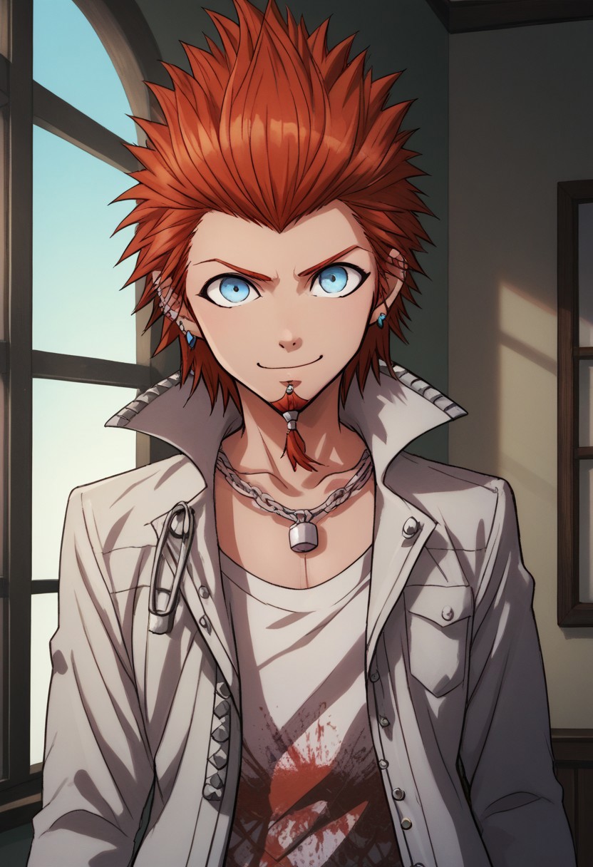 score_9, score_8_up, score_7_up, source_anime, highly detailed, 
leokuwata, 1boy, solo, male focus, jewelry, smile, closed mouth, red hair, spiked hair, belt, earrings, blue eyes,
necklace, looking at viewer, jacket, chain, ear piercing, piercing, goatee, print shirt, upper body, 
indoor, window,