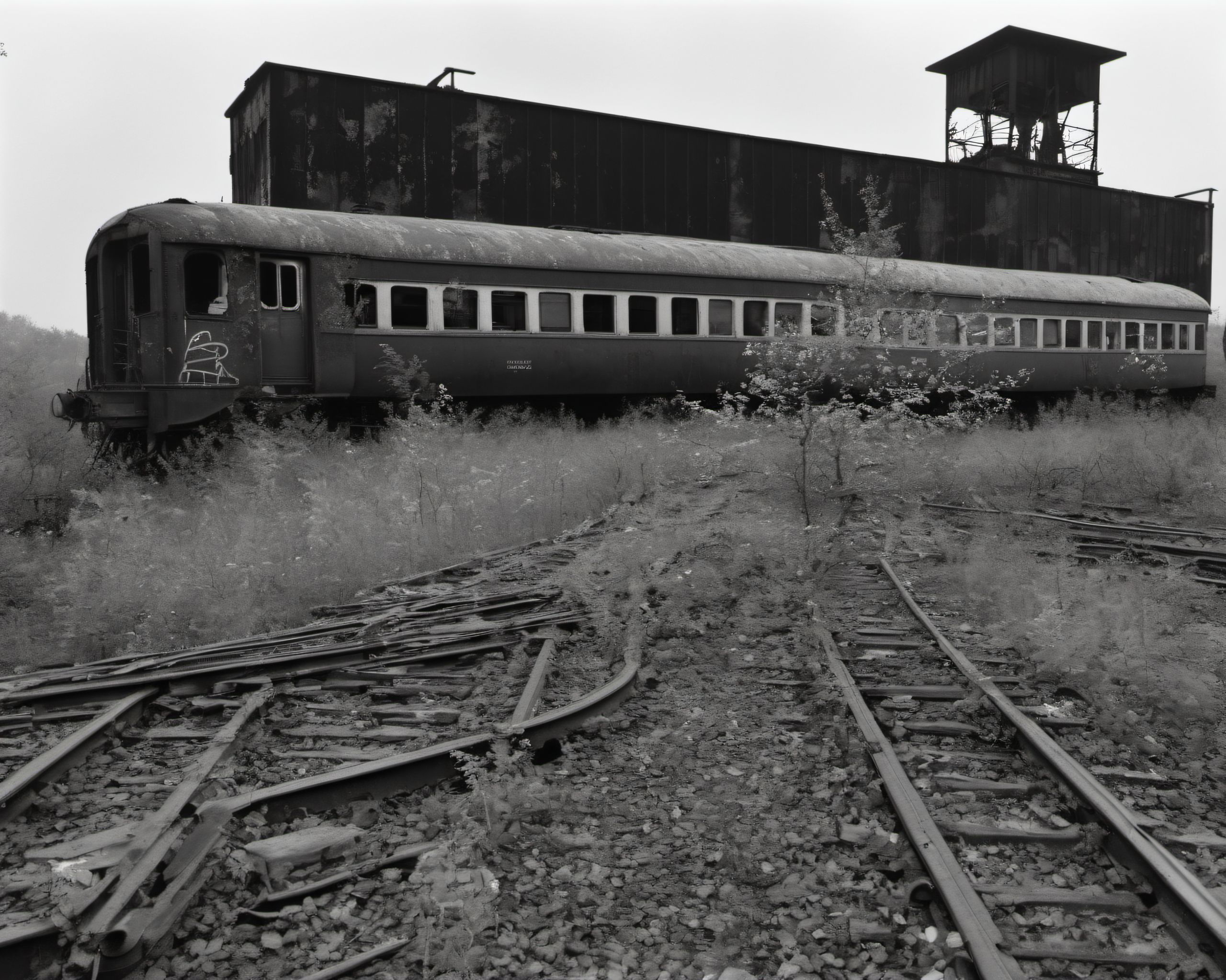 on a post-apocalyptic ghostly train yard, overgrown tracks, rusting graffiti-covered trains, broken control tower., by Cartier-Bresson, SZ_4poXL enviroment   <lora:Post ApocalypticXL_v2:0.6>