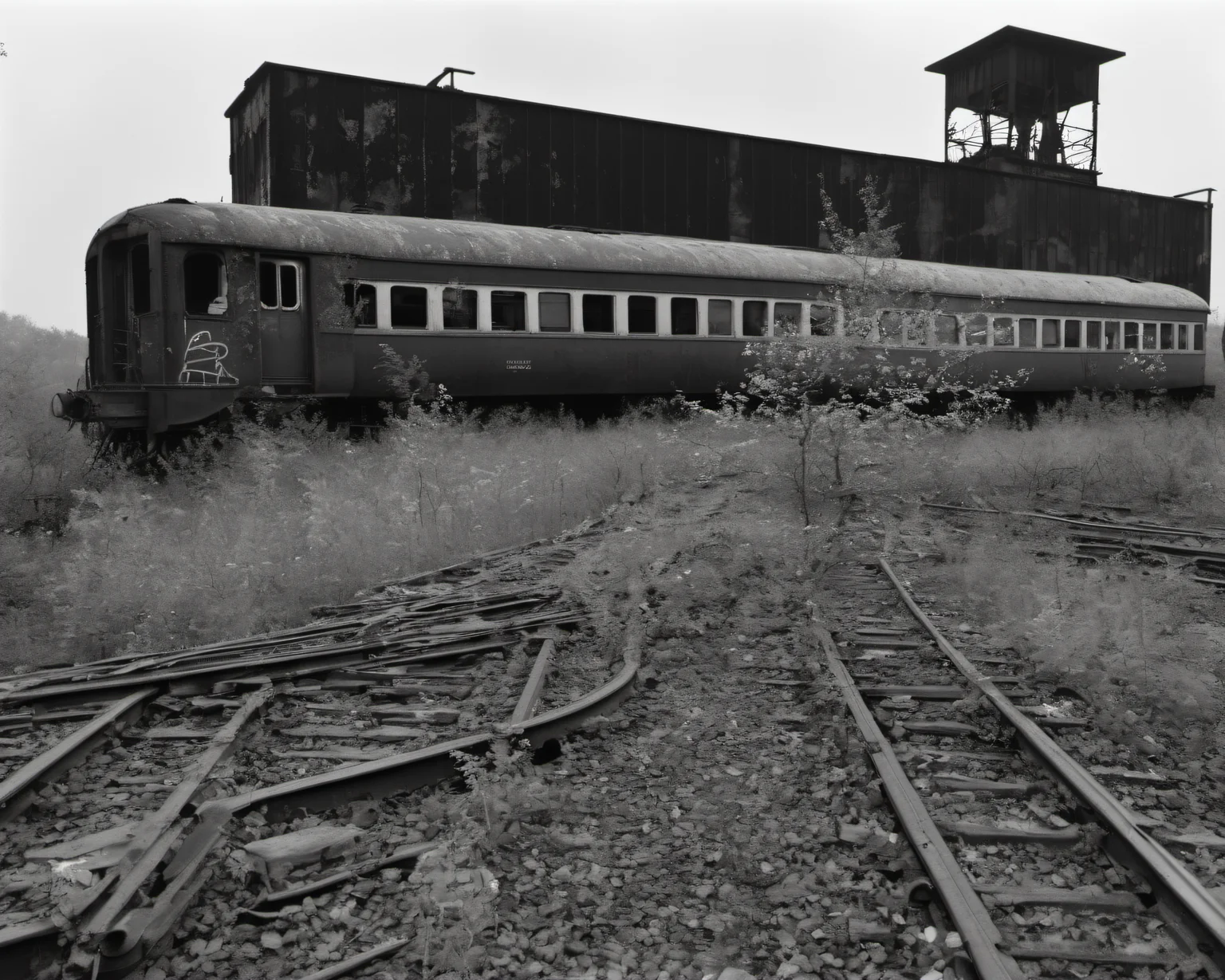 on a post-apocalyptic ghostly train yard, overgrown tracks, rusting graffiti-covered trains, broken control tower., by Cartier-Bresson, SZ_4poXL enviroment <lora:Post ApocalypticXL_v2:0.6>