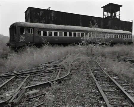 on a post-apocalyptic ghostly train yard, overgrown tracks, rusting graffiti-covered trains, broken control tower., by Cartier-Bresson, SZ_4poXL enviroment   <lora:Post ApocalypticXL_v2:0.6>