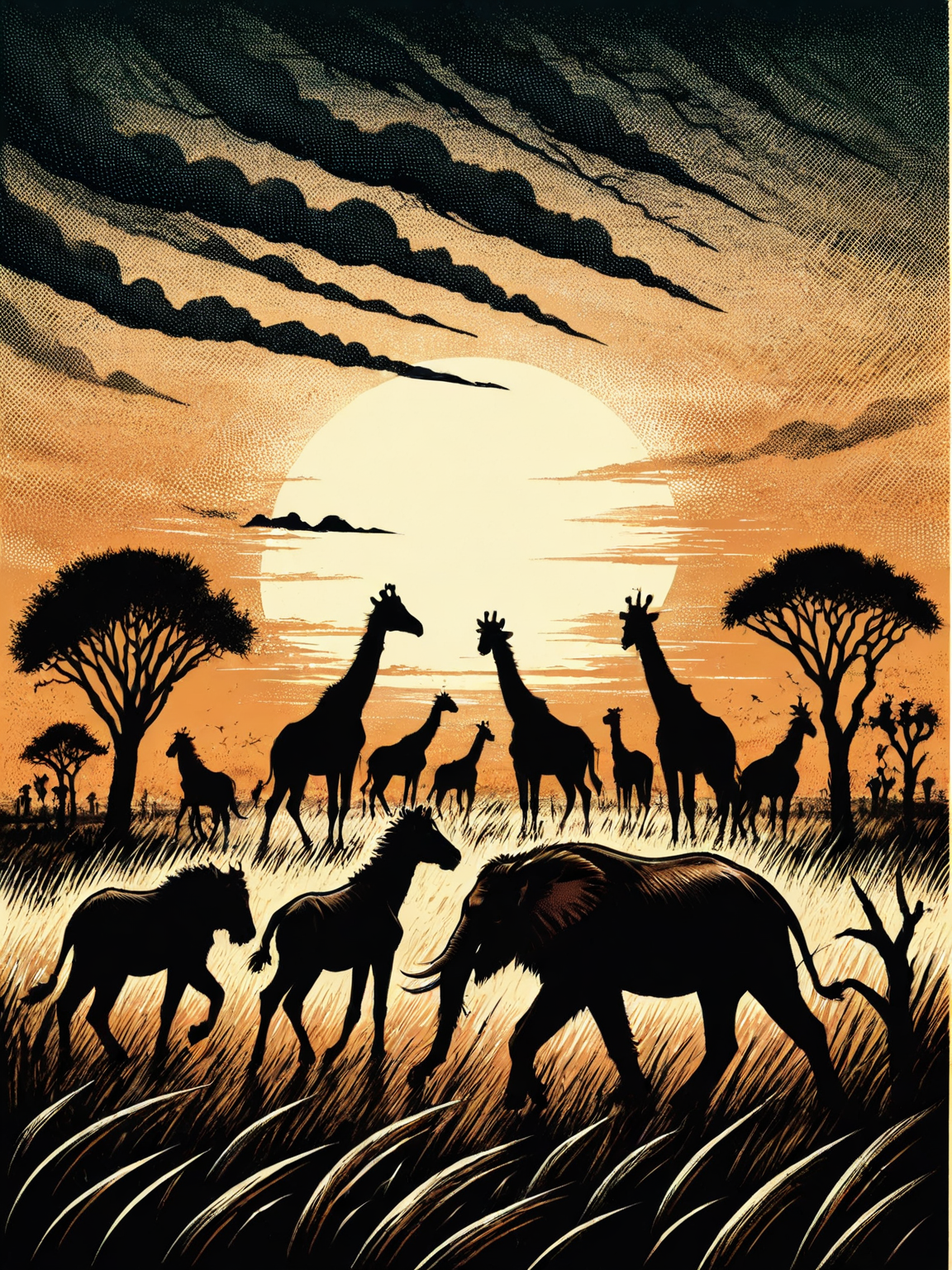 A group of animals in the savannah at sunset full of motion and life <lora:Western_Comic_Style:0.8>, <lora:EnvyBetterHiresFixXL01:0:hr=1>