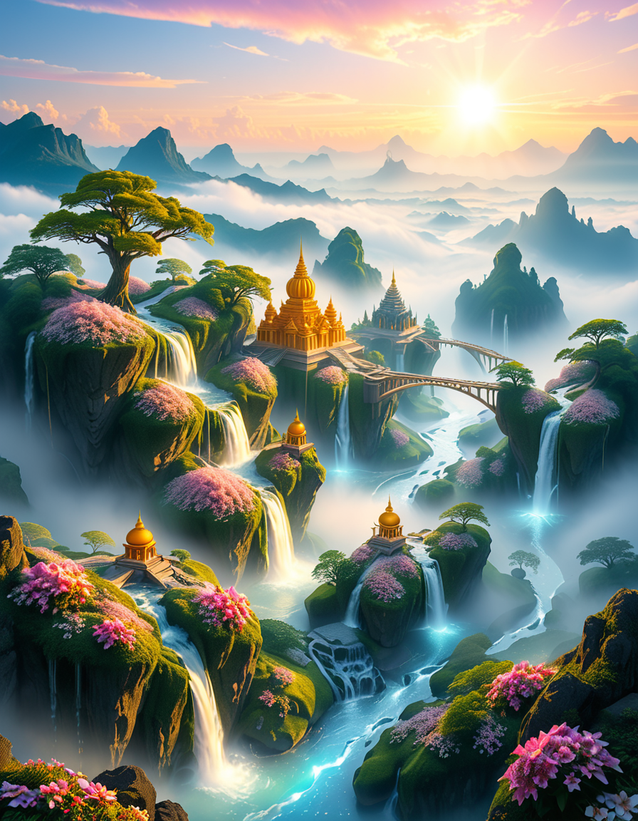 A mesmerizing celestial background featuring an otherworldly paradise. Towering crystalline mountains with peaks that glow softly under a sky painted in shifting hues of iridescent blues, pinks, and golds. Rivers of liquid light flow through vast, open meadows filled with luminescent flowers that pulse with a gentle glow. Gigantic, translucent trees with silver leaves sway in a breeze that carries floating particles of golden dust. Suspended bridges made of shimmering energy connect ancient, floating monoliths engraved with intricate celestial patterns. In the distance, an enormous radiant waterfall cascades into a bottomless, mist-covered abyss, reflecting the surrounding ethereal glow. A tranquil atmosphere, untouched and divine, filled with an overwhelming sense of wonder and serenity.
<lora:SDXLFaeTastic2400:0.4> <lora:extremely_detailed:0.4> extremely detailed, <lora:heavenly_l4ndsc4p3:1>,heavenly l4ndsc4p3, Masterpiece,best quality,hi res,8k,hi res,8k,award winning,(sharp focus, intricate, highly detailed),