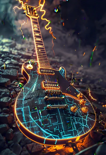 ambient music  <lora:novuschroma43 style:0.9> novuschroma43 style <lora:sdxl_lightning_8step_lora:1>,novuschroma43 style, bad-picture-chill-75v, glowneon, glowing, sparks, lightning,swiss, les Paul guitar,bad-picture-chill-75v, glowneon, glowing, sparks, lightning, novuschroma43 style, SyFyEye1