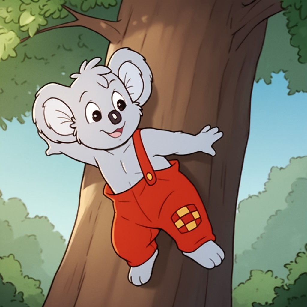 score_9, score_8_up, score_7_up, score_6_up, score_5_up, score_4_up, source_furry, Blinkybb, semi-anthro, male, Koala, grey fur, red overalls, outside, climbing a tree