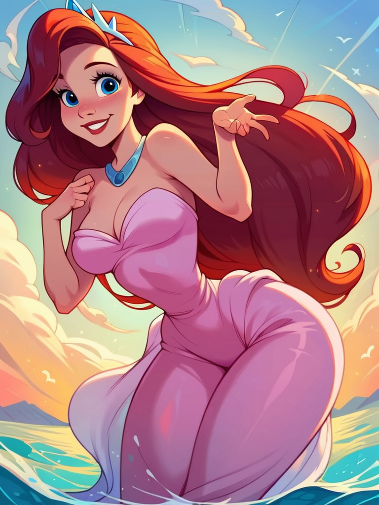 score_9, score_8_up, score_7_up, score_6_up, ArielWaifu swimming on the sea next to a big rock, leaning forward, cute pose, medium breasts, narrow waist, wide hips, thick thighs, smile, blue eyes, pink dress, tiara, red long hair, disney style, looking at viewer, cute, detailed landscape, cowboy shot, cartoon, 4k, masterpiece, leaning forward, 
 <lora:ArielPonyXL_character-08:0.7>  <lora:PAINTED_ANIMATION_ART-STYLEV3:0.4>