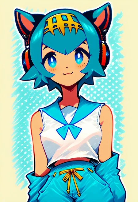 score_9, score_8_up, score_8, medium breasts, (curvy), cute, eyelashes, pastel,
BREAK,
zzLana, yellow hairpiece,white shirt, sleeveless shirt, sailor collar, blue pants, baggy pants,
animal ear headphones, cat ear headphones,
smile, cowboy shot, looking at viewer,
zPDXL,
