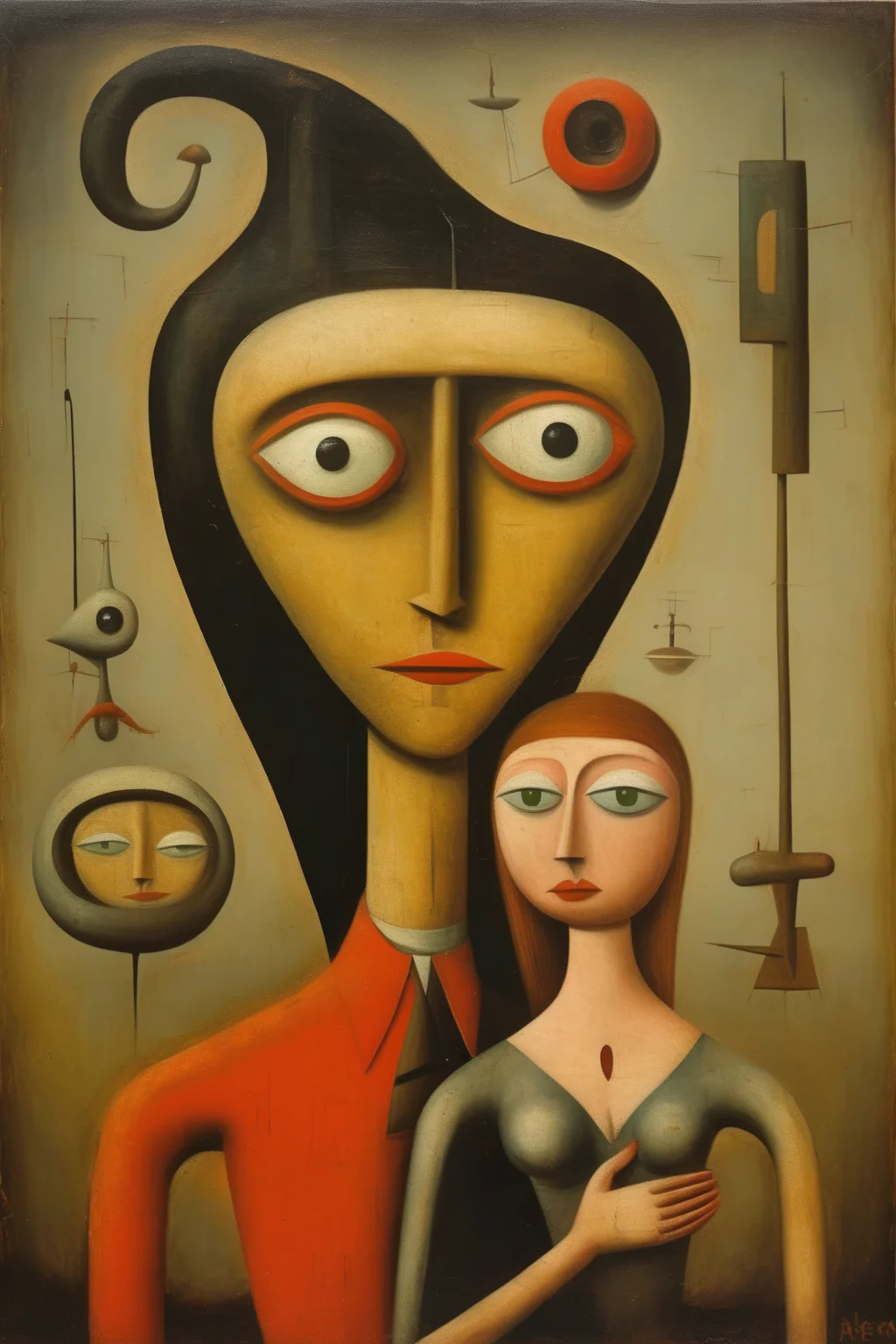 <lora:Victor Brauner Style:1>Victor Brauner Style - Victor brauner painting realistic woman and man entangled