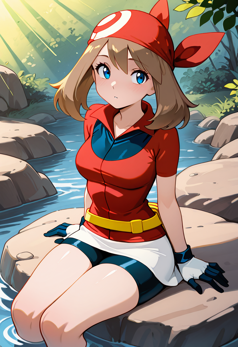masterpiece, best quality, medium breasts, (curvy),    <lora:MayPokemonIXL_v2:1.0>,  zzMay, may (pokemon), solo, brown hair, blue eyes, medium hair, red shirt, bike shorts, red bandana, gloves, white miniskirt, yellow belt, sitting on a rock, lakeside, gentle breeze, reflective water, warm sunlight, relaxed expression â Sitting on a smooth rock by the crystal-clear lake, May leans back on her hands, letting out a soft sigh of contentment. The afternoon sun glistens on the rippling water, creating shimmering reflections that dance across her red shirt and white miniskirt. Her red bandana keeps her brown hair neatly in place, though a few strands escape to sway in the light breeze. Her blue eyes gaze at the distant horizon, lost in thought, while her gloved fingers idly trace patterns on the stone beneath her. The sounds of water lapping against the shore and distant PokÃ©mon calls make for a peaceful, fleeting moment of serenity before her next journey begins.