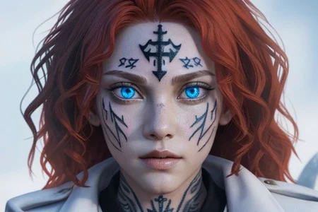 bright red hair, human female, (feminine:1.7), (beautiful face, detailed face:1.6), (beautiful eyes, detailed eyes:1.7), (looking at viewer, eye contact, intense:1.6), (long hair, red hair, curly hair:1.3), , ((masterpiece, best quality, high resolution, realistic, best quality,)), photo realistic, Perfect Face, (detailed face). <lora:GoodHands-vanilla:0.6> <lora:add-detail-xl:0.8>, mage, (Dress White military uniform coat), dagger, rune dagger, glowing runes, , (((glowing magic symbols tattoos, religious tattoos))), ((face tattoos)), glowing tattoos, stone tower in the background