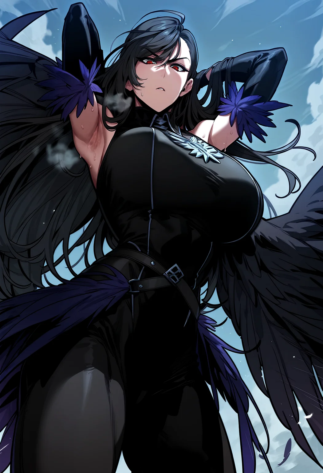 score_9, score_8_up, score_7_up, score_6_up, source_anime, rating_explicit, <lora:neg4all_bdsqlsz_V3.5:2.0>1girl, (solo:1.2), huge breasts, <lora:Crowponyxl:1> black hair, long hair, red eyes, purple nails, black wings, feathered wings, feather trim, black shirt, black belt, black dress, detached sleeves, black pants, bare shoulders, serious, Narrow shoulders, sweat, heavy breathing, steaming body, sky, outdoor, looking at viewer, (flying:1.2), from below, arms behind  head, armpits