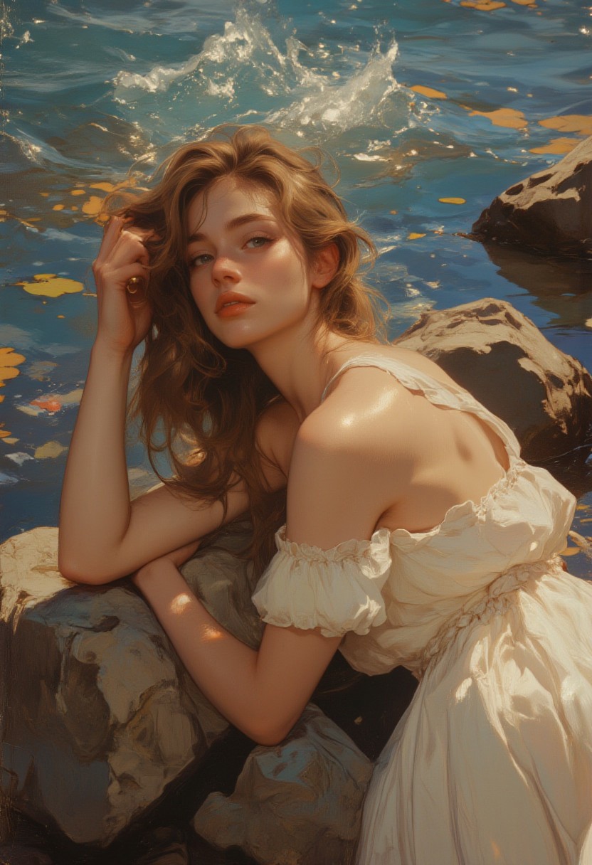 A beautiful woman in a romantic off-shoulder gown, reclining on rocks near a tranquil water body. The sunlight softly illuminates her skin, creating a neoclassical oil painting aesthetic. The scene has a hyperrealistic yet painterly feel, with intricate details in fabric, skin texture, and water reflections