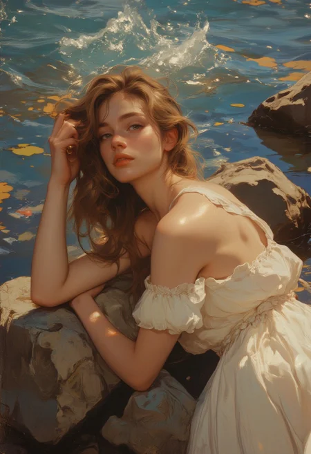 A beautiful woman in a romantic off-shoulder gown, reclining on rocks near a tranquil water body. The sunlight softly illuminates her skin, creating a neoclassical oil painting aesthetic. The scene has a hyperrealistic yet painterly feel, with intricate details in fabric, skin texture, and water reflections