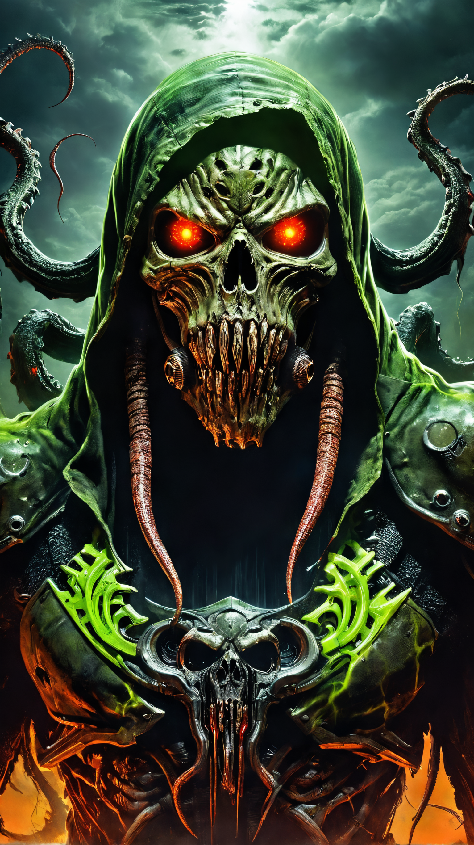 extreme close up on the helmet of the doom slayer, broken doom slayer helmet, photorealistic, doom slayer, doom eternal, raging face of the doom slayer, Hellwalker, incoming death, sharp neon sky filled with the souls of the deads, fog, neon spirits, realistic ghosts, blood on face, ultra realistic, eye blood, the death of a population, dread, unknown fear, enormous beings, hand painting, (masterpiece, realistic painting), green planets, glowing neon lines, the fear of Cthulhu, realistic photography, ultra realistic, biomechinical, biomachines, ((hnsrdlf style)), detailed reflections, dark atmosphere, gothic art, realistic blood, realistic reflections, RTX graphic, HDR, ultra detailed, real blood, detailed sky, nightmare