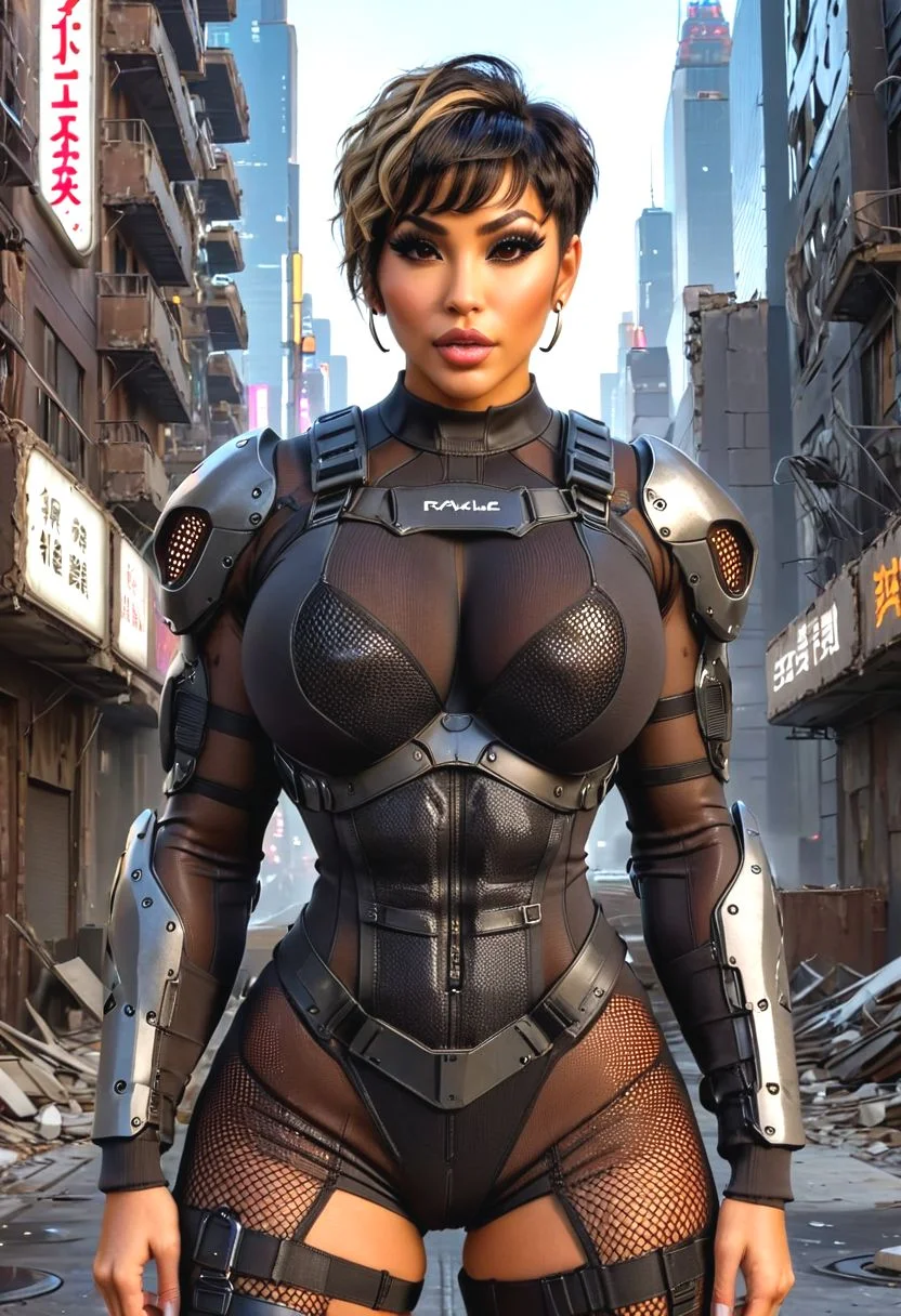 SFW, Masterpiece, intricate details,Ramona Vegas from the Movie Hustlers, Tan skin, golden skin, small, huge boobs, brown eyes, big eyes, dark brown hair, blonde highlights, ((long bang covering one eye)) , Latina woman, high cheeks bones, golden skin, tan skin,) , muscular body, RPCC,GBIH, , ((( curly pixie cut hair))), ((very short hair)), ((sides and back shaved curly on top)), (((dark brown hair))), (((heavy eyeliner))), ((long fake eyelashes)), ((tan skin)), darkskin, thick lips,((bimbo lips)) , RPCC,GBIH, muscular arms, BREAK, cyberpunk bodysuit, , cleavage,(( cyberpunk)), leather pants, (((masterpiece))), ((best quality)), ((intricate detailed)), cyberpunk cloth armor, detailed background, walking in destroyed cyberpunk city, BREAK, Female Bodybuilding Style, massive breasts, no bra, covered nipples, full body view, cameltoe, ais-mechdystopia, ((fishnet bodysuit underneath other clothes)), covered nipples, long sleeves, covered legs, Cyberpunk, muscle_bimbo, cleavage, technobrutalist, catastrophe, ruined, famima, <lora:Bodysuit v13:0.8>, mad-bdyarmr