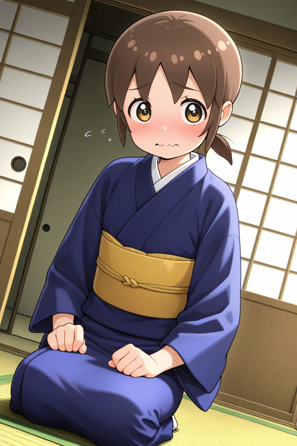 masterpiece, best quality, amazing quality, absurdres, solo, sekioriko, wavy mouth, shy, awkward, seiza, sitting, on ground, short, small, dutch angle, looking at viewer, short brown hair, blue kimono, yellow obi, indoors, ryokan, tatami, sliding doors