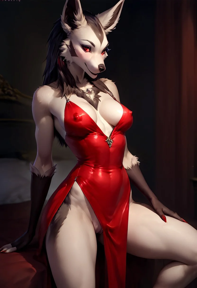 score_9, score_8_up, score_7_up, ultra hi res, by reallynxgirl, uploaded on e621, explicit content, 3d, female, solo, mightyena, ( red dress:1.2), (medium breasts, natural breasts:0.8),