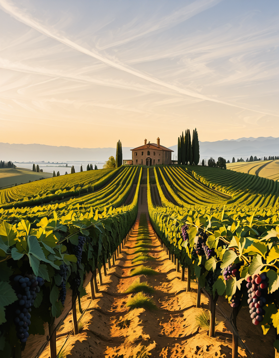 A breathtaking vineyard stretching across rolling hills, bathed in the warm golden light of late afternoon. The neatly aligned rows of grapevines are lush and vibrant, their deep green leaves contrasting with the rich, fertile soil beneath them. The vines are heavy with ripe, plump grapes in shades of deep purple and rich green, glistening under the sunlight. In the background, a rustic stone farmhouse with a terracotta roof sits atop a small hill, surrounded by tall cypress trees. A narrow dirt path winds through the vineyard, leading towards the farmhouse. The sky is a soft blue with wispy clouds scattered across the horizon. In the distance, a range of low mountains adds depth to the landscape. The atmosphere is peaceful and idyllic, evoking the charm of a traditional wine-growing region like Tuscany or Bordeaux. 
<lora:SDXLFaeTastic2400:0.4> <lora:extremely_detailed:0.4> extremely detailed
,v1n3y4rd <lora:v1n3y4rd-i:1>, Masterpiece,best quality,hi res,8k,hi res,8k,award winning,(sharp focus, intricate, highly detailed),