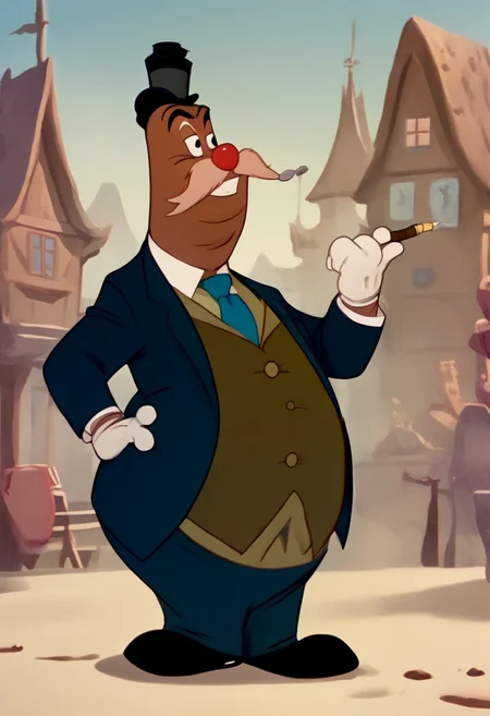 <lora:Honestjohngusherpony1.0:0.5> honest john gusher as a walrus, fat, overweight, walrus tusks, squinting eyes, smile, solo, 1boy, male focus, <lora:pony_monocles-step00000800:1>,(monocle),round eyewear, top hat,, suit, gloves, furry male, mustache, necktie, standing, score_9, score_8_up, score_7_up, score_6_up, score_5_up, score_4_up, looking at other, hand on own hip, cowboy shot, 1930's toon city,