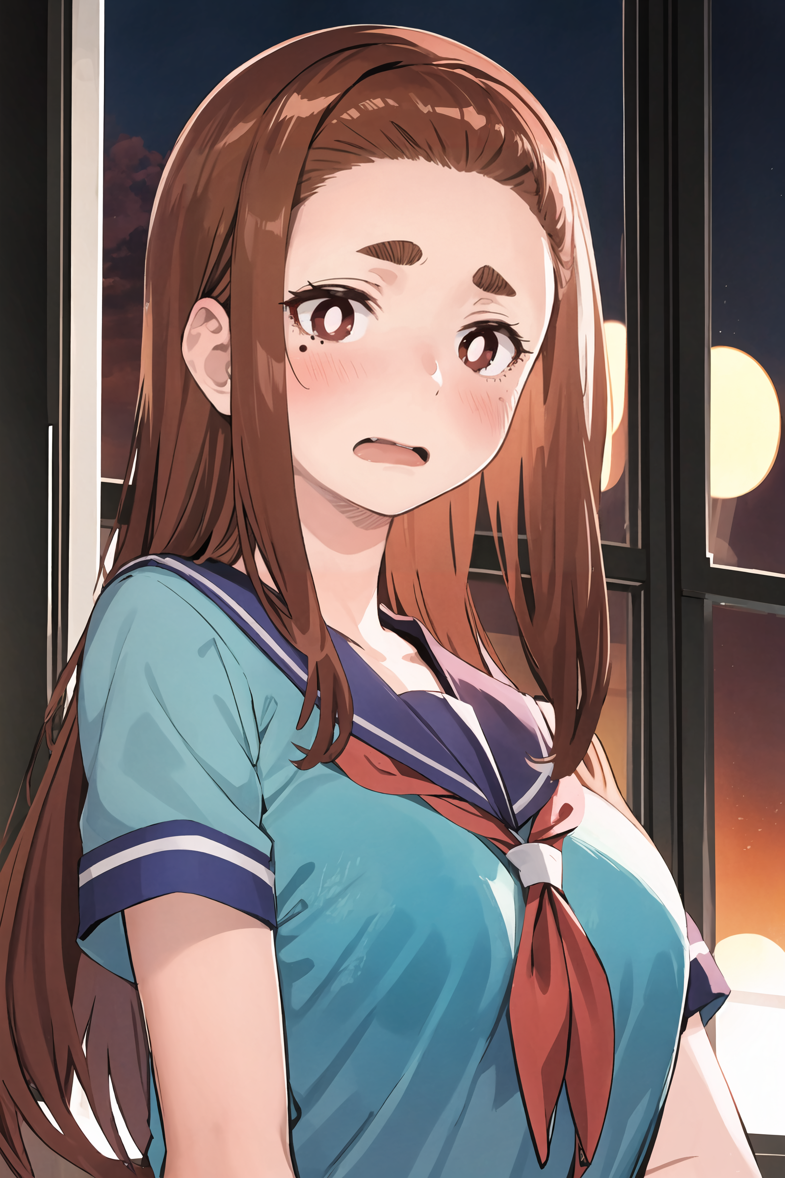 1girl, ogawa sumireko,  solo, white pupils, long hair, asymmetrical bangs, aged down, medium breasts, serafuku, surprised, looking at viewer, hand to own mouth, blush, embarrassed classroom, backlighting, sunset, window, cowboy shot, floating hair