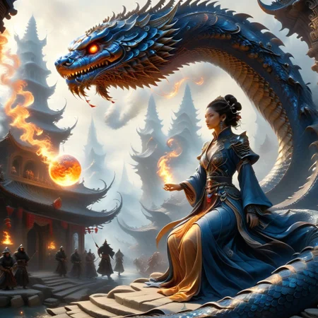 Sinoink, ral-frctlgmtry, Dragonborn female sorcerer casting fireball at a monster terrorizing the town, heroic, glowing fire