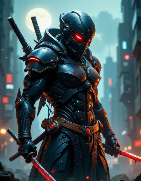 realistic action scene of a humanoid ninja with battle scars, wearing tech armor, fierce look, katanas with blood on it, <lora:ck-FantasticalCreatures:0.8>,  <lora:artilands:0.6>, in an scifi urban warzone, moon in background