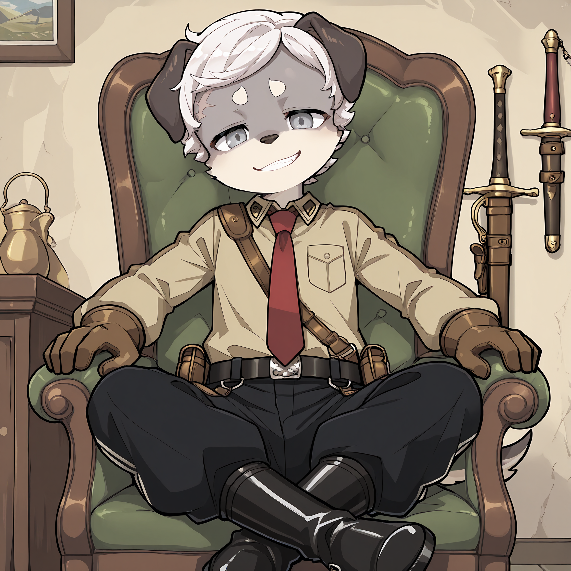 BREAK, <lora:Britz_Strudel:1>, britz strudel, fuga: melodies of steel, kemono, furry male, young male, 1boy, dog boy, grey fur, beige fur, multicolored fur, grey eyes, short hair, white hair, scar above right eye, animal ears, dog ears, floppy ears, dog tail, brown tail, Fuga 1 appearance, short hair, slick hair,
BREAK, Fuga 1 Outfit, Berman Uniform, high black boots, black military pants with two white stripes, belt, beige button-up uniform shirt, red necktie, brown gloves, brown sling, gun holster, pouches, sword,
BREAK, solo, inside, sitting on chair, legs crossed, closed mouth, looking at viewer, head tilt, grin, smug,
