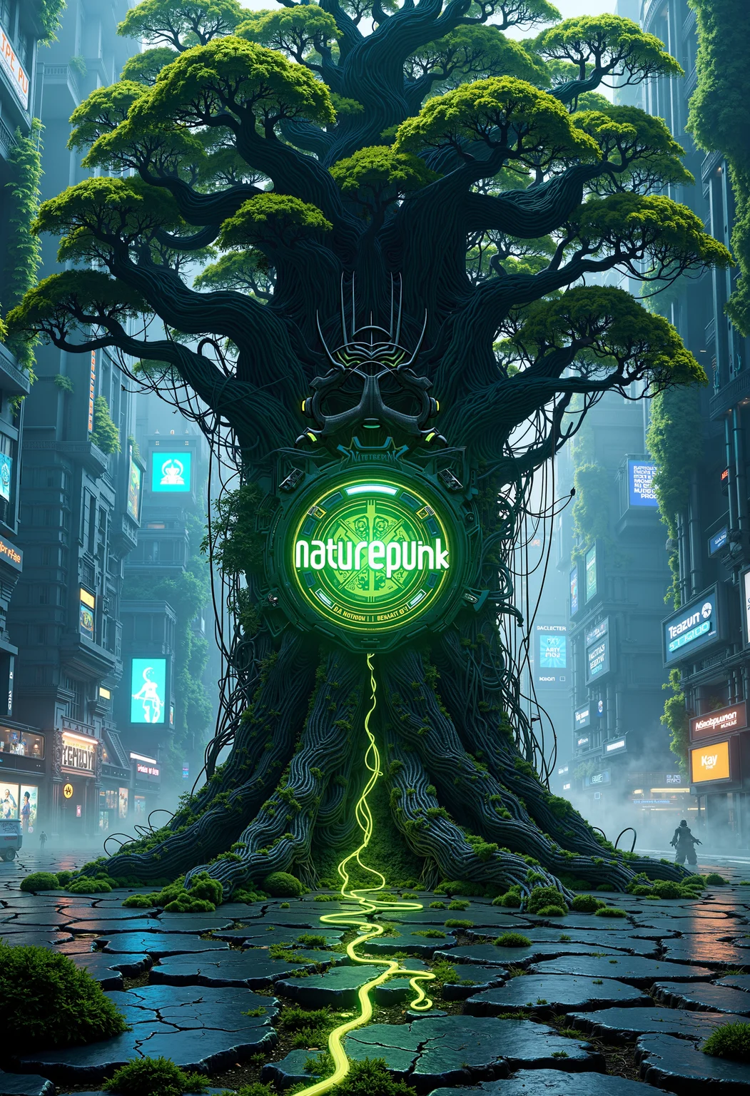 A futuristic, high-detail digital artwork titled 'Naturepunk,' featuring an enormous tree intertwined with neon cables, metallic branches, and cybernetic foliage, rising from a cracked, glowing concrete floor in a cyberpunk cityscape. The tree has integrated screens, LED-lit vines, and bioluminescent flowers, symbolizing the fusion of nature and technology. The background shows a misty, twilight cityscape with skyscrapers covered in moss, illuminated with holographic advertisements. In the center of the tree, a glowing emblem reads 'Naturepunk' in stylized lettering. bo-naturepunk, greenpunk, naturecyberpunk<lora:FLUX Naturepunk\bo-naturepunk-000012.safetensors:1.0:1.0>