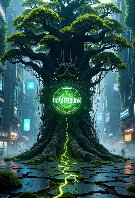 A futuristic, high-detail digital artwork titled 'Naturepunk,' featuring an enormous tree intertwined with neon cables, metallic branches, and cybernetic foliage, rising from a cracked, glowing concrete floor in a cyberpunk cityscape. The tree has integrated screens, LED-lit vines, and bioluminescent flowers, symbolizing the fusion of nature and technology. The background shows a misty, twilight cityscape with skyscrapers covered in moss, illuminated with holographic advertisements. In the center of the tree, a glowing emblem reads 'Naturepunk' in stylized lettering. bo-naturepunk, greenpunk, naturecyberpunk<lora:FLUX Naturepunk\bo-naturepunk-000012.safetensors:1.0:1.0>