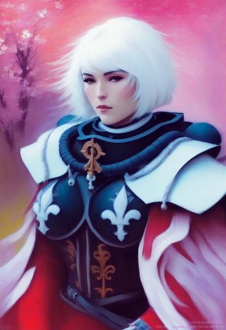 Fauvism Art of warriror nun lady, adepta sororitas, adepta sororitas armour, short white hair, in dreamlike scenery, whirling colours,, rpg, gothic, medieval, dark, painterly, bold colors, textured brushwork, fauvism art