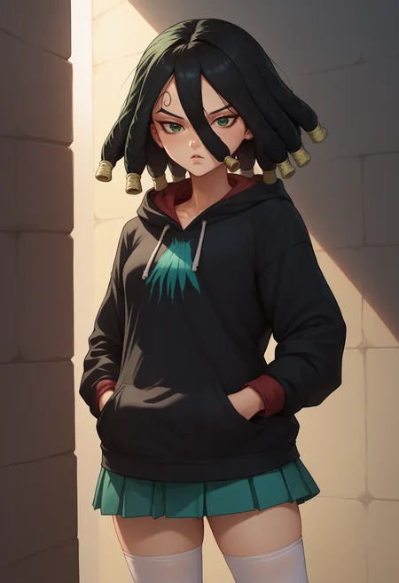 score_9, score_8_up, score_7_up,  1girl, Kirisame, green eyes, black hair, dreadlocks, hair between eyes, cowboy shot, <lora:KirisameDrStone_XLPD:1>, black hoodie, skirt, white thighhighs, hands in pockets, hood up,