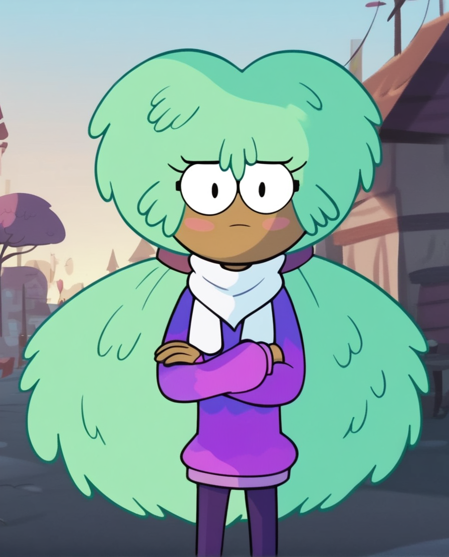 <lora:KellyStarVSPony:1.0> Kelly, 1girl, purple pants, pink footwear, solo, scarf, blush stickers, crossed arms, green hair, glasses, twintails, purple sweater, long hair, score_9, score_8_up, score_7_up, score_6_up, score_5_up, score_4_up, looking at viewer, cowboy shot,outdoors,