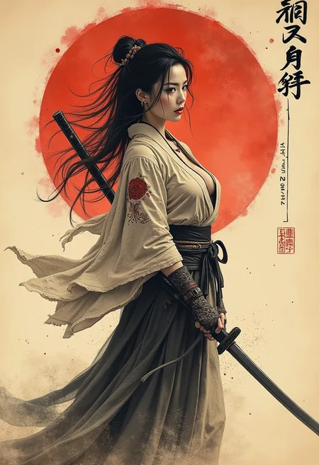 traditional japanese art style, ink on paper, wabi-sabi, henna and carmine, sepia, BREAK, sexy, erotic japanese female warrior, holding katana, dramatic pose