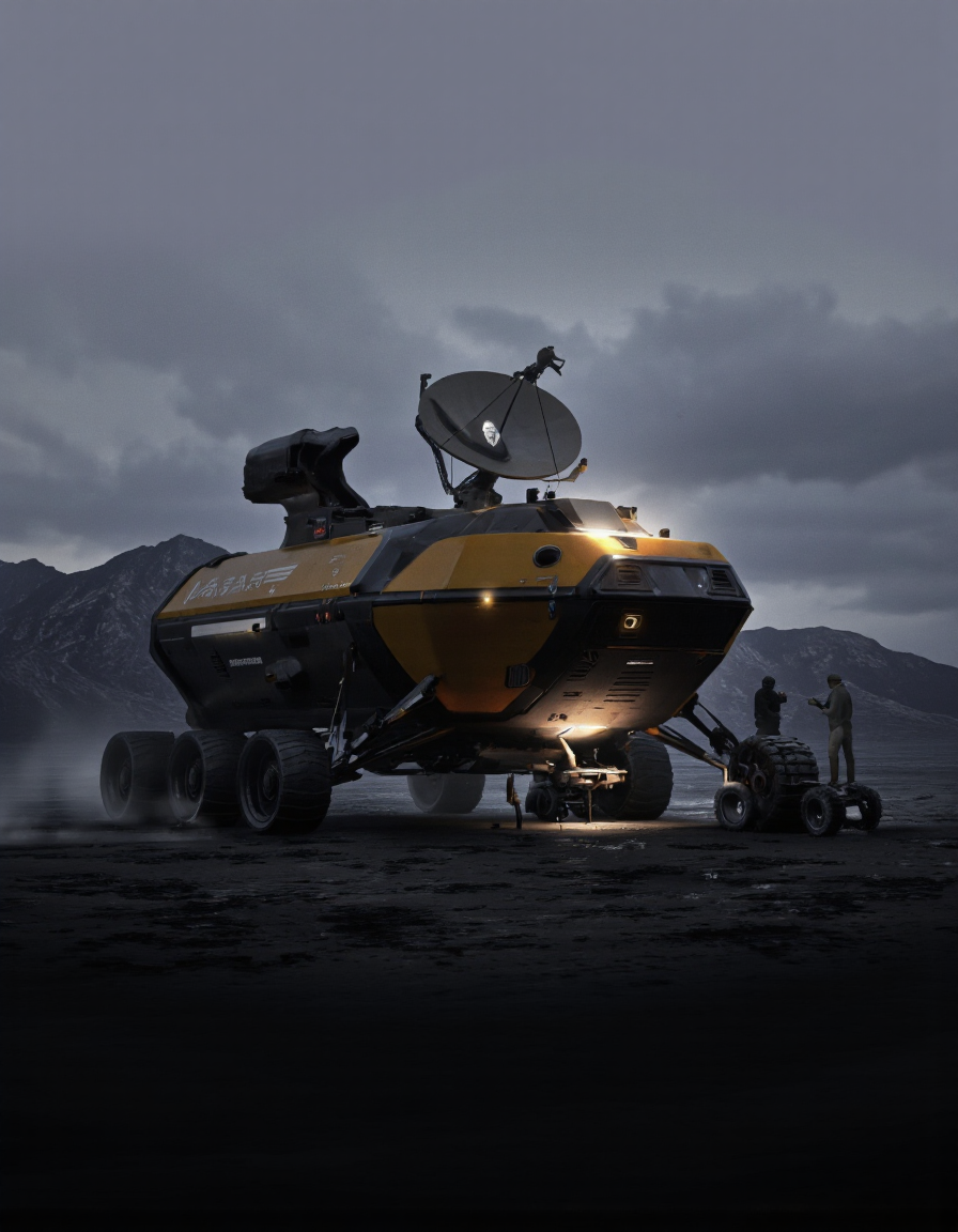 QuantumZ. A futuristic, sci-fi concept art shoot from a low-angle perspective about a large, yellow and black spacecraft with a satellite dish on top, driving on a barren terrain with mountains in the background. the spacecraft is positioned in the center of the image, with two people standing in front of it, one of them holding a remote control vehicle. the vehicle has a sleek, aerodynamic design with a large wheelbase and a cylindrical body, and the word "NASA" is prominently displayed on the side. the sky is dark and cloudy, with a faint light source emanating from the spacecraft, casting a dramatic glow on the surrounding terrain. the two people are silhouetted against the backdrop of the spacecraft and the vehicle, creating a stark contrast between the two. the overall atmosphere is one of darkness and mystery, with the vastness of the desert landscape providing a dramatic backdrop for the scene.