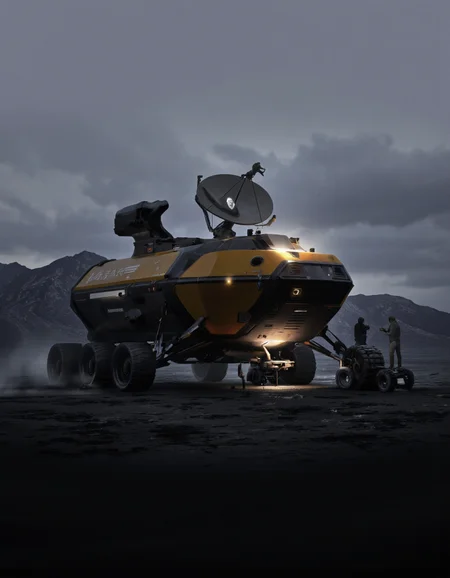 QuantumZ. A futuristic, sci-fi concept art shoot from a low-angle perspective about a large, yellow and black spacecraft with a satellite dish on top, driving on a barren terrain with mountains in the background. the spacecraft is positioned in the center of the image, with two people standing in front of it, one of them holding a remote control vehicle. the vehicle has a sleek, aerodynamic design with a large wheelbase and a cylindrical body, and the word "NASA" is prominently displayed on the side. the sky is dark and cloudy, with a faint light source emanating from the spacecraft, casting a dramatic glow on the surrounding terrain. the two people are silhouetted against the backdrop of the spacecraft and the vehicle, creating a stark contrast between the two. the overall atmosphere is one of darkness and mystery, with the vastness of the desert landscape providing a dramatic backdrop for the scene.