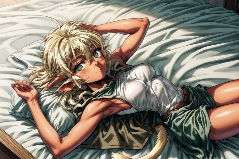 best quality, ultra-detailed, (1girl, solo,fam, unkempt hair, blonde hair, (green eyes:1.5), Seductive Eyes, pointy ears, Small breasts, dark skin, dark-skinned female, elf, long pointy ears, tail, smile, tutu skirt, Cape, Sitting, Lying, Lying Back, Lying down, sweat, solo focus, lying, armpits, on back pillow, bed, sleeveless,