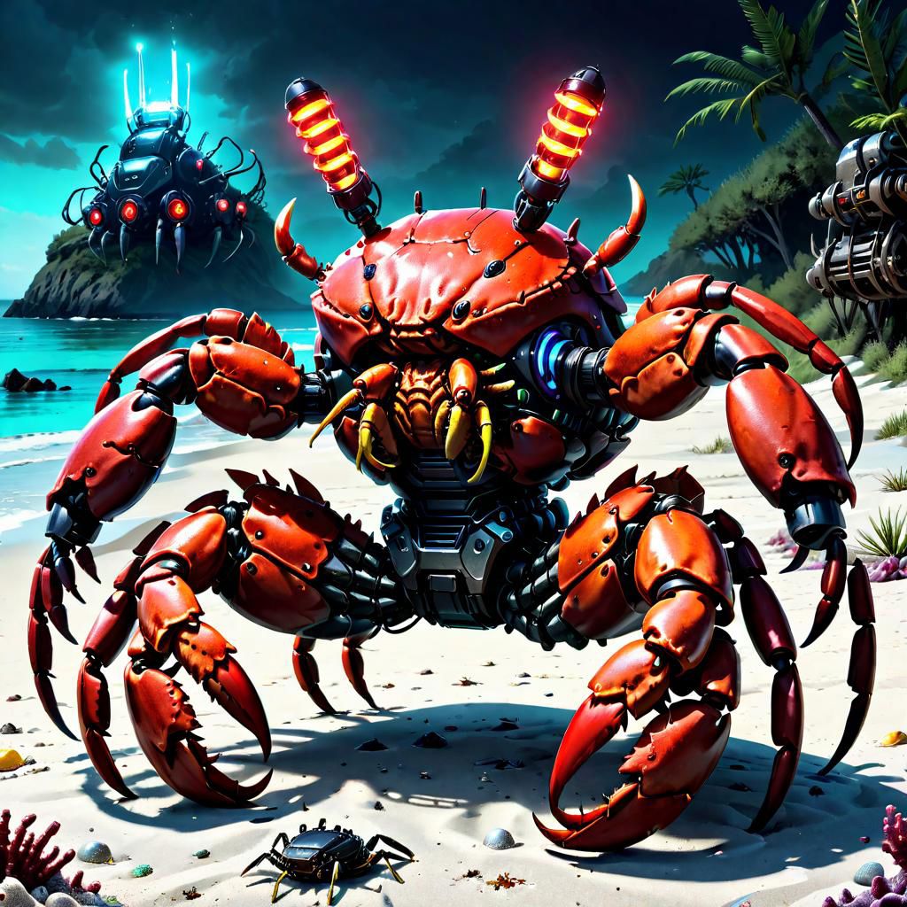 a cybermutant crab with mechanical pincers and glowing red tubes sitting on a beach