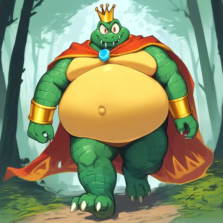 score_9, score_8_up, score_7_up, score_6_up, score_5_up, score_4_up, kingkrool, crocodile, green skin, reptile, red cape, crown, gold bracelets, scales, bloodshot eye, fat, obese, yellow belly, outie navel, spiky teeth, three toes, outside, forest background, forest scenery, wandering in the forest, walking, looking at viewer, smiling