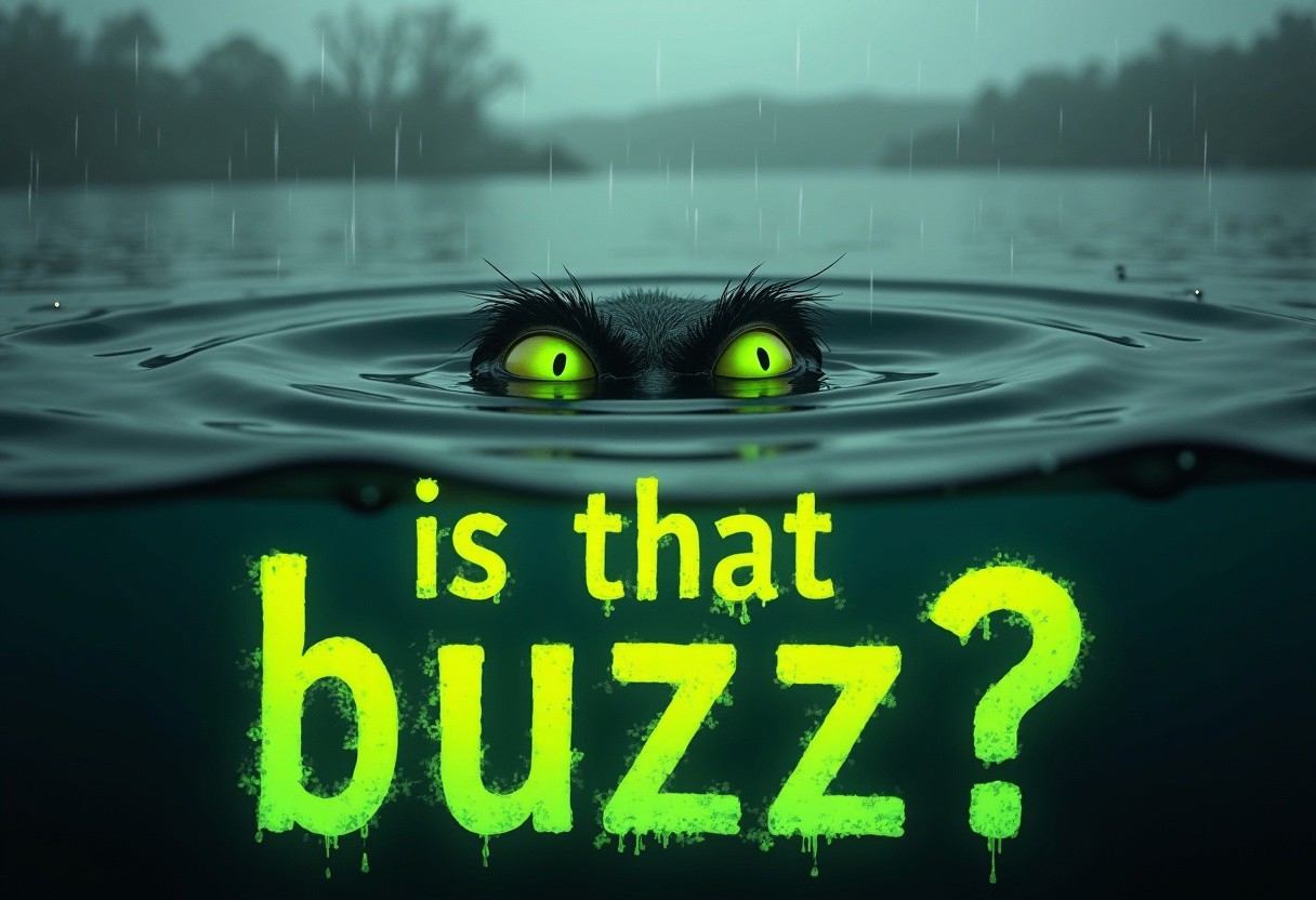 High resolution photo of the surface of a lake, its raining heavily making ripples in the water, underneath the waters surface are a set of green envious eyes looking up at the viewer, text in a spooky green font with yellow highlightssaying "is that buzz?", photo from above.