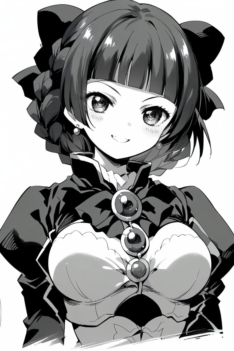 score_9, score_8_up, score_7_up, score_6_up,
  <lora:Mamiina:1> mamiina, greyscale, 1girl, monochrome, jewelry, earrings, braid, short hair, brooch, blunt bangs, bow, breasts, bangs, upper body, long sleeves, looking at viewer, sibylla,
 <lora:Kihyahya:1> kihyahya, smile,